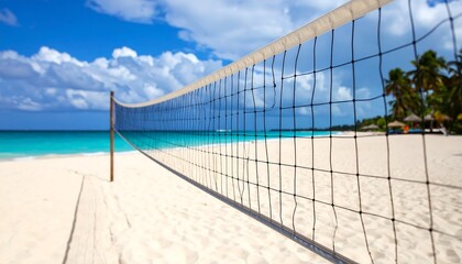 Beach volleyball net on pristine sand