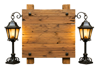 Rustic wooden sign with vintage lanterns isolated on transparent background