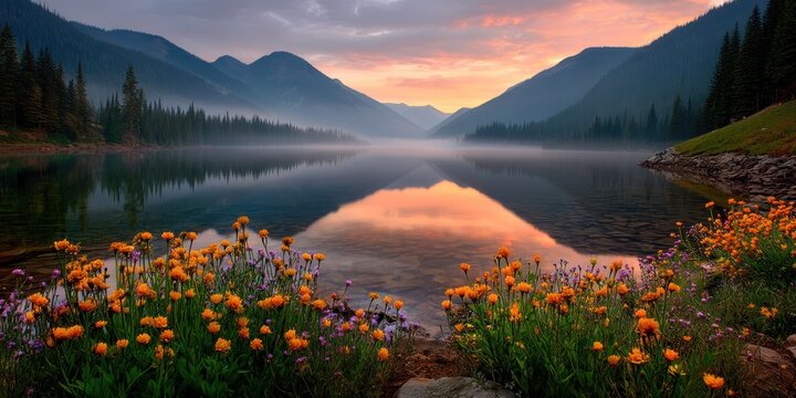 A crystal-clear lake glowing with orange sunrise, surrounded by misty pine mountains and flowers ultra-detailed - Powered by Adobe