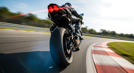 Obraz premium Rear view of a black sportbike with its taillight on, leaning into a fast turn on a race circuit.