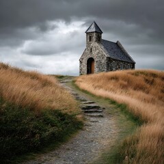 Fototapeta premium Stone church path, hilltop, stormy sky, rural landscape, travel photography