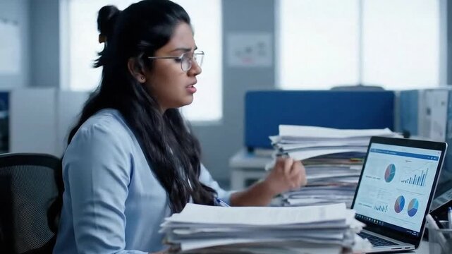 Stressed office worker flipping through numerous documents, feeling overwhelmed and tired at her desk in a modern, bright office environment. Mental health overworked businesswoman Indian