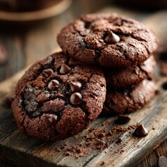 Fototapeta premium Chocolate chip cookies stacked on rustic wood board, blurred coffee cup in background. Possible use Food photography