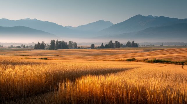 A dreamy golden-hour scene of harvest fields with misty mountains in the distance