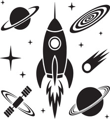 Whimsical black silhouette of a spaceship among planets and stars