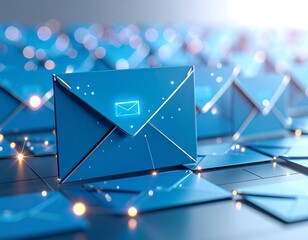 Blue email envelopes, glowing icon, digital network