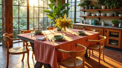 Obraz premium Sunlit rustic dining room with wooden furniture and greenery