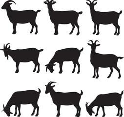 Nine Black Goat Silhouettes in Various Poses on White Background animal farm