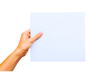 Hand holding blank white paper isolated on transparent background