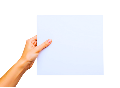 Hand holding blank white paper isolated on transparent background