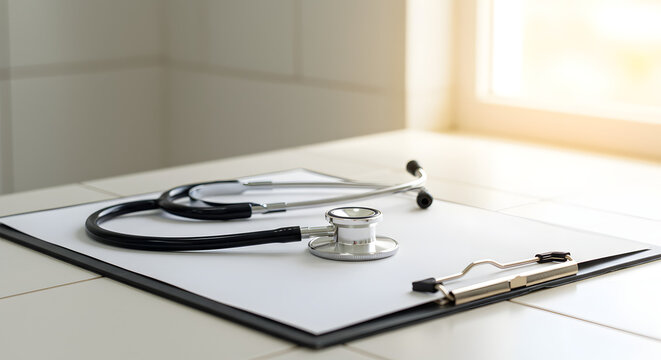 Stethoscope and clipboard on a tiled surface in a bright office setting symbolizing medical examination and documentation of patient information for accurate diagnosis and care management