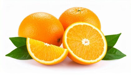 Fresh ripe orange fruits with a juicy cross-section half and a single slice, arranged with green leaves and isolated on a white background.