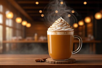 Steaming Mug of Pumpkin Spice Latte with Whipped Cream and Cinnamon coffee hot drink