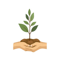 Vector illustration of hands holding soil with a fresh green seedling as a symbol of growth, nature, environment, and conservation