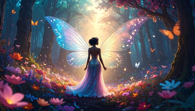 A mystical fairy figure with iridescent wings in a vibrant flower-filled forest.