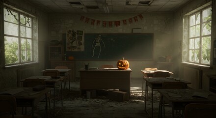 Halloween Pumpkin sits in abandoned classroom with grunge textures. Suitable for backgrounds, posters, or branding.