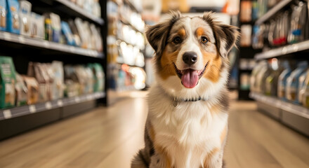 Adorable Australian Shepherd in Pet Store Awaiting Treats Happy Dog Pet Shop Puppy Canine Animal Domestic Friend Loyal Companion Furry Best Friend Dog Food Pet Supplies Retail Store Shelves Products