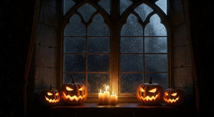 Oranges glow in this Halloween scene. Pumpkins and candles sit by rainy window. Perfect for posters, branding, or holiday templates.