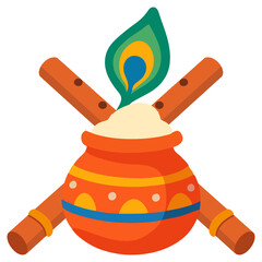 Dahi Handi with Flutes and Peacock Feather PNG Sticker
