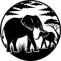 Fototapeta premium A serene african landscape featuring a mother elephant and her calf silhouetted against a cloudy sky, a symbol of family and the wild, isolated on white background