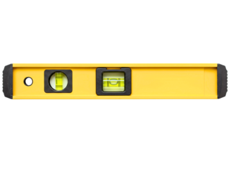 Yellow spirit level tool for measuring horizontal and vertical alignment isolated on transparent background