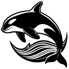 Black and white vector illustration of an orca whale jumping out of the water, isolated on white background, perfect for prints and decorations, marine wildlife