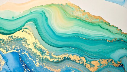 Abstract background with liquid flowing pattern of turquoise, green, and gold. Luxury marbled texture.