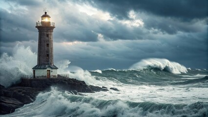 Iconic Lighthouse Enduring a Powerful Stormy Sea