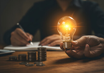 A person plans a budget while holding a glowing lightbulb next to rising stacks of coins. A concept for the cost of energy, saving on electricity, or investing in a bright idea.