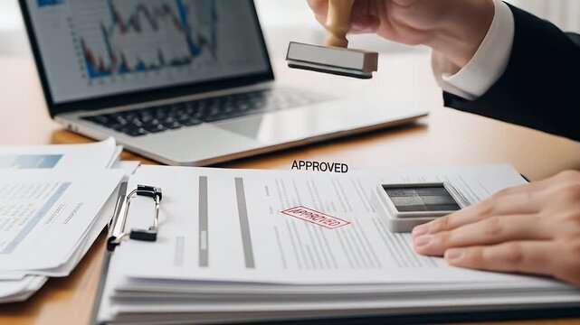 Person stamping APPROVED on documents on a desk with a laptop
