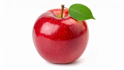 A single fresh red apple with a green leaf, symbolizing health and nature, isolated on a white background.
