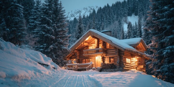 A glowing log house in a snowy mountain forest