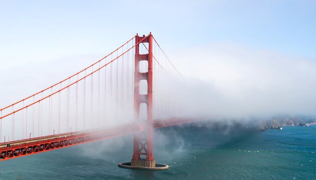 Golden Gate Bridge shrouded in morning mist.