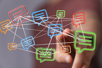 Interconnected speech bubbles illustrate global communication and networking.