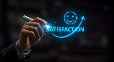Person using a digital pen to illustrate a positive customer experience, showing a happy emoji and a graph indicating growth in satisfaction.