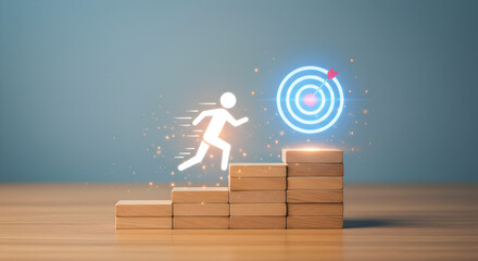 Concept of business growth and reaching goals. A figure climbs a career ladder made of wooden blocks to hit a success target.