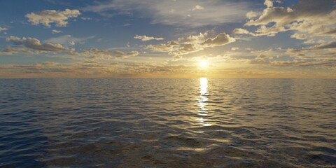 Calm ocean seascape with fluffy white clouds on sunset or sunrise sky in the background, selective focus