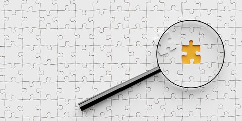 Obraz na płótnie Canvas Magnifying glass looking at white jigsaw puzzle with removed piece, business problem or searching concept, flat lay top view from above