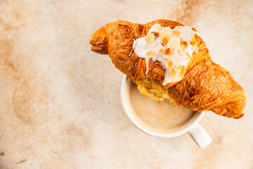 Croissant almond freshly baked sweet dessert tasty snack fresh delicious gourmet food background on the table  rustic food top view copy space