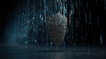 3D cybersecurity shield with dynamic binary code cascading around