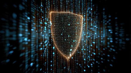 3D cybersecurity shield with dynamic binary code cascading around