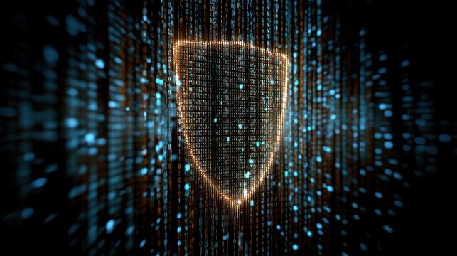 3D cybersecurity shield with dynamic binary code cascading around