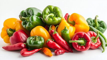 Assortment of colorful bell peppers and chili peppers on a plain white background in a studio shot