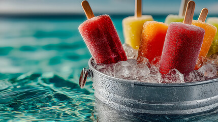 Poolside Frozen Fruit Pops on Ice, Bright Sunny Day, Lifestyle Banner for Summer Promotions, Clean Minimal Background.Generative AI