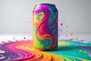 Vibrant Soda Can with Swirling Rainbow Colors and Splashing Liquid drink beverage