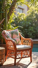 Obraz premium Tropical patio with rattan chair and palm leaf pillow in sunlit garden