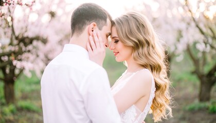 Fototapeta premium Couple embracing tenderly amongst blossoming trees.