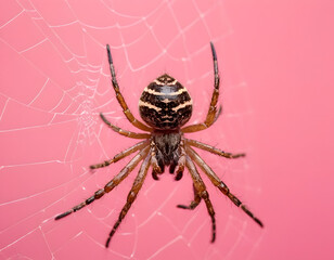 A spider with a web on a pink background. A natural wallpaper.