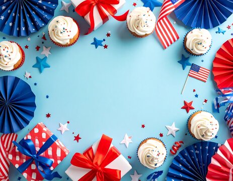 Patriotic arrangement with cupcakes, gifts, stars, and American flags on a light blue background, creating a festive border.