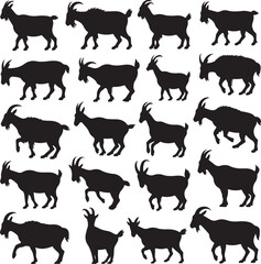Twenty Black Goat Silhouettes Displaying Diverse Poses and Movements animal farm